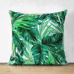 Çift Taraflı Beyaz Zemin Üzerinde Yeşil Yaprak Desenli Süet Yastık Kırlent Kılıfı Realhomes