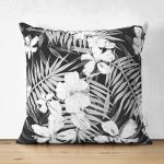 Çift Taraflı Siyah Zeminli Beyaz Çiçek Desenli Dijital Baskılı Modern Süet Yastık Kırlent Kılıfı Realhomes