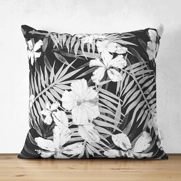 Çift Taraflı Siyah Zeminli Beyaz Çiçek Desenli Dijital Baskılı Modern Süet Yastık Kırlent Kılıfı Realhomes