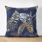 Çift Taraflı Mavi Zemin Üzerinde Gold Detaylı Yaprak Desenli Modern Süet Yastık Kırlent Kılıfı Realhomes