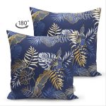 Çift Taraflı Mavi Zemin Üzerinde Gold Detaylı Yaprak Desenli Modern Süet Yastık Kırlent Kılıfı Realhomes