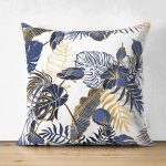 Çift Taraflı Beyaz Zemin Üzerinde Gold Detaylı Yaprak Desenli Modern Süet Yastık Kırlent Kılıfı Realhomes