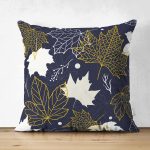 Çift Taraflı Renkli Zemin Üzerinde Gold Detaylı Yaprak Desenli Modern Süet Yastık Kırlent Kılıfı Realhomes