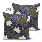 Çift Taraflı Renkli Zemin Üzerinde Gold Detaylı Yaprak Desenli Modern Süet Yastık Kırlent Kılıfı Realhomes
