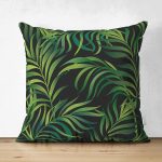 - Suet-K-8593-Gorsel1 - Realhomes Çift Taraflı Siyah Zemin Üzerinde Yeşil Yaprak Desenli Süet Yastık Kırlent Kılıfı Realhomes