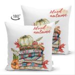 - Suet-K-8596-Gorsel2 - Realhomes Çift Taraflı Beyaz Zemin Üzerinde Sonbahar Temalı Balkabağı Desenli Süet Yastık Kırlent Kılıfı Realhomes