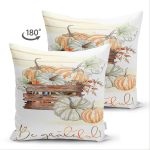 Çift Taraflı Beyaz Zeminli Balkabağı Desenli Dijital Baskılı Modern Süet Yastık Kırlent Kılıfı Realhomes