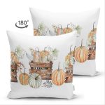 - Suet-K-8606-Gorsel2 - Realhomes  Çift Taraflı Beyaz Zeminli Balkabağı Desenli Dijital Baskılı Modern Süet Yastık Kırlent Kılıfı Realhomes