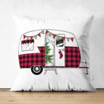 Çift Taraflı Beyaz Zemin Üzerinde Ekose Desenli Karavan Motifli Modern Süet Yastık Kırlent Kılıfı Realhomes