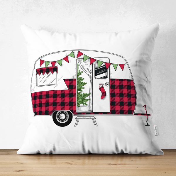Çift Taraflı Beyaz Zemin Üzerinde Ekose Desenli Karavan Motifli Modern Süet Yastık Kırlent Kılıfı Realhomes