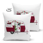 Çift Taraflı Beyaz Zemin Üzerinde Ekose Desenli Karavan Motifli Modern Süet Yastık Kırlent Kılıfı Realhomes