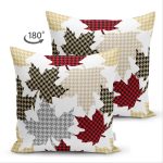 Çift Taraflı Beyaz Zeminli Ekoseli Yaprak Desenli Dijital Baskılı Modern Süet Yastık Kırlent Kılıfı Realhomes