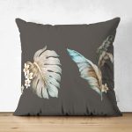 Çift Taraflı Renkli Zemin Üzerinde Yaprak Desenli Dijital Baskılı Modern Süet Yastık Kırlent Kılıfı Realhomes