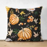 Çift Taraflı Siyah Zeminli Bal Kabağı Desenli Dijital Baskılı Modern Süet Yastık Kırlent Kılıfı Realhomes