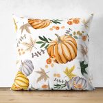 Çift Taraflı Beyaz Zeminli Bal Kabağı Desenli Dijital Baskılı Modern Süet Yastık Kırlent Kılıfı Realhomes