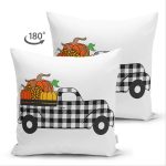 - Suet-K-8632-Gorsel2 - Realhomes Çift Taraflı Beyaz Zemin Üzerinde Siyah Ekoseli Balkabağı Desenli Süet Yastık Kırlent Kılıfı Realhomes