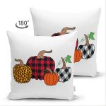 - Suet-K-8633-Gorsel2 - Realhomes Çift Taraflı Beyaz Zemin Üzerinde Ekoseli Balkabakları Süet Yastık Kırlent Kılıfı Realhomes