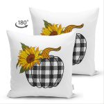 Çift Taraflı Beyaz Zemin Üzerinde Ayçiçek Desenli Ekoseli Balkabağı Süet Yastık Kırlent Kılıfı Realhomes