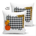 Çift Taraflı Beyaz Zemin Üzerinde Ekose Desenli Balkabak Motifli Süet Yastık Kırlent Kılıfı Realhomes