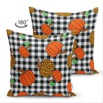 Çift Taraflı Siyah Beyaz Ekose Üzerinde Renkli Balkabağı Desenli Süet Yastık Kırlent Kılıfı Realhomes