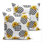Çift Taraflı Beyaz Zemin Üzerinde Ekose Desenli Balkabak Motifli Süet Yastık Kırlent Kılıfı Realhomes