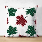 - Suet-K-8645-Gorsel1 - Realhomes Çift Taraflı Beyaz Zemin Üzerinde Ekoseli Sonbahar Yaprak Desenli Süet Yastık Kırlent Kılıfı Realhomes