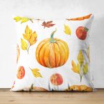 Çift Taraflı Beyaz Zemin Üzerinde Sonbahar Renkli Balkabağı Desenli Süet Yastık Kırlent Kılıfı Realhomes