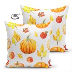 Çift Taraflı Beyaz Zemin Üzerinde Sonbahar Renkli Balkabağı Desenli Süet Yastık Kırlent Kılıfı Realhomes