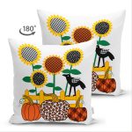 Çift Taraflı Beyaz Zemin Üzerinde Ayçiçek Desenli Ekoseli Balkabağı Süet Yastık Kırlent Kılıfı Realhomes