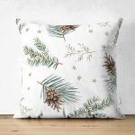 Çift Taraflı Beyaz Zeminli Çam Yaprağı Desenli Dijital Baskılı Modern Süet Yastık Kırlent Kılıfı Realhomes