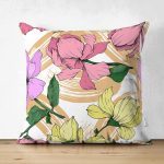 Çift Taraflı Beyaz Zemin Üzerinde Çiçek Desenli Dijital Baskılı Modern Süet Yastık Kırlent Kılıfı Realhomes