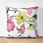 Çift Taraflı Beyaz Zemin Üzerinde Rengarenk Çiçek Desenli Süet Yastık Kırlent Kılıfı Realhomes