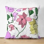 Çift Taraflı Beyaz Zemin Üzerinde Rengarenk Çiçek Desenli Süet Yastık Kırlent Kılıfı Realhomes