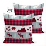 Çift Taraflı Beyaz Zemin Üzerinde Ekose Desenli Geyik Desenli Modern Süet Yastık Kırlent Kılıfı Realhomes