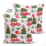 Çift Taraflı Beyaz Zemin Üzerinde Yılbaşı Desenli Kırmızı Tostos Süet Yastık Kırlent Kılıfı Realhomes