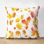 Çift Taraflı Beyaz Zeminli Sonbahar Yaprak Desenli Dijital Baskılı Modern Süet Yastık Kırlent Kılıfı Realhomes