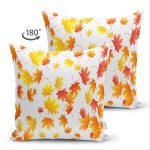 Çift Taraflı Beyaz Zeminli Sonbahar Yaprak Desenli Dijital Baskılı Modern Süet Yastık Kırlent Kılıfı Realhomes