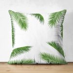 Çift Taraflı Beyaz Zemin Üzerinde Yeşil İnce Yaprak Desenli Modern Süet Yastık Kırlent Kılıfı Realhomes