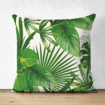 Çift Taraflı Beyaz Zemin Üzerinde Yeşil Yaprak Desenli Süet Yastık Kırlent Kılıfı Realhomes