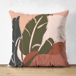 Çift Taraflı Pastel Zemin Üzerinde Onedraw Çizimli Yaprak Desenli Süet Yastık Kırlent Kılıfı Realhomes