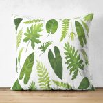 Çift Taraflı Beyaz Zemin Üzerinde Yeşil Yaprak Desenli Süet Yastık Kırlent Kılıfı Realhomes