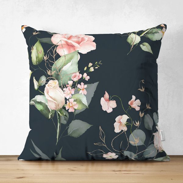 Çift Taraflı Renkli Zemin Üzerinde Onedraw Çizimli Yaprak Desenli Süet Yastık Kırlent Kılıfı Realhomes