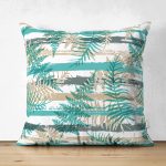 - Suet-K-8692-Gorsel1 - Realhomes Çift Taraflı Beyaz Zemin Üzerinde Yeşil Çizgili Yaprak Desenli Modern Süet Yastık Kırlent Kılıfı Realhomes