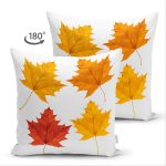 Çift Taraflı Beyaz Zeminli Sonbahar Yaprak Desenli Dijital Baskılı Modern Süet Yastık Kırlent Kılıfı Realhomes