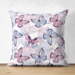 Çift Taraflı Beyaz Zeminli Renkli Kelebek Desenli Dijital Baskılı Modern Süet Yastık Kırlent Kılıfı Realhomes