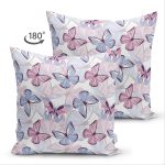 Çift Taraflı Beyaz Zeminli Renkli Kelebek Desenli Dijital Baskılı Modern Süet Yastık Kırlent Kılıfı Realhomes