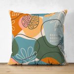 Çift Taraflı Renkli Zemin Üzerinde Onedraw Çizimli Yaprak Desenli Süet Yastık Kırlent Kılıfı Realhomes
