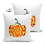 - Suet-K-8714-Gorsel2 - Realhomes Çift Taraflı Beyaz Zemin Üzerinde Ekose Desenli Balkabak Motifli Süet Yastık Kırlent Kılıfı Realhomes