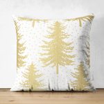 Çift Taraflı Beyaz Zemin Üzerinde Gold Renkli Çam Ağacı Desenli Modern Süet Yastık Kırlent Kılıfı Realhomes