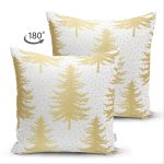 Çift Taraflı Beyaz Zemin Üzerinde Gold Renkli Çam Ağacı Desenli Modern Süet Yastık Kırlent Kılıfı Realhomes